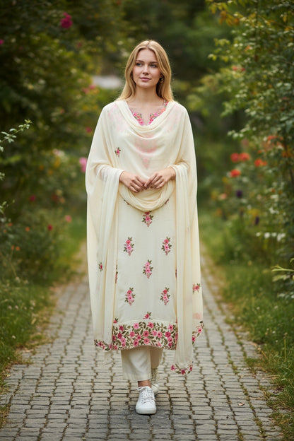 Kashmiri Georgette Suits For Women With Embroidered Dupatta - Cream