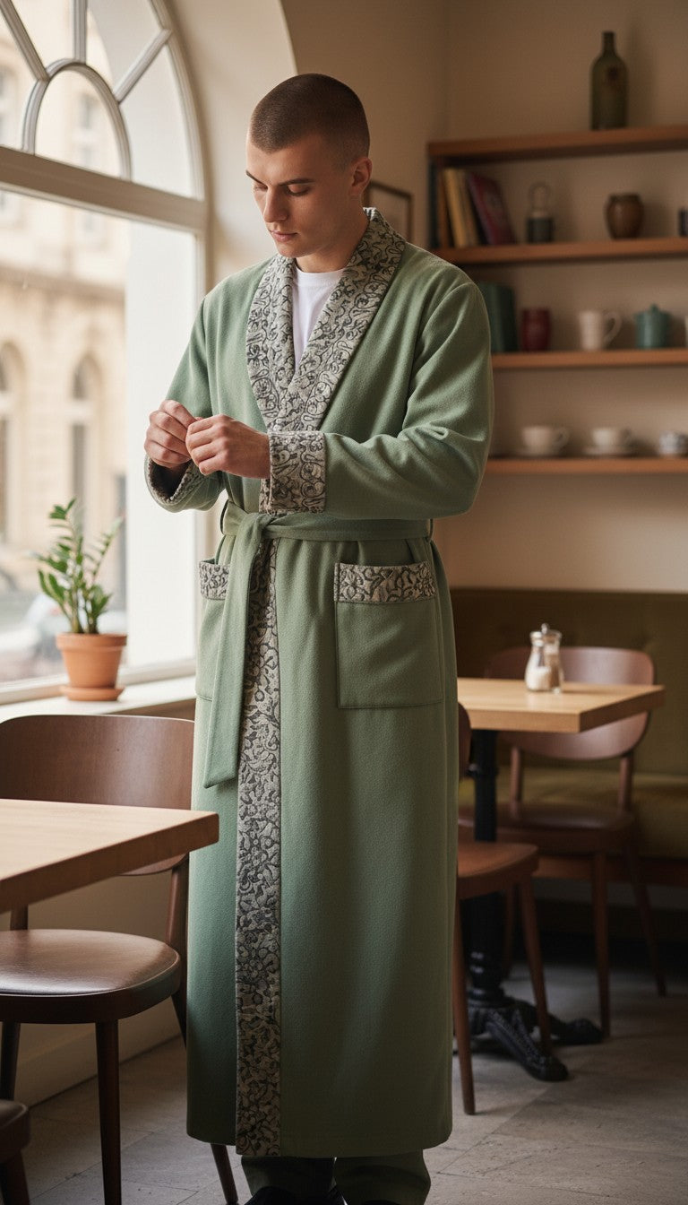 Men Woolen Nightgown Dressing Gown Sleep And Lounge Wear With Kashmiri Embroidery Free Size - Light Green