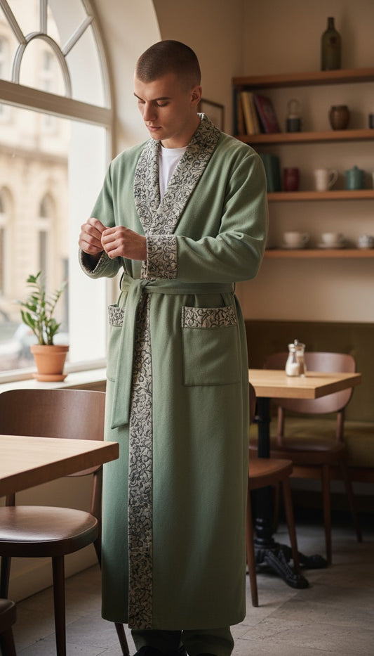 Men Woolen Nightgown Dressing Gown Sleep And Lounge Wear With Kashmiri Embroidery Free Size - Light Green
