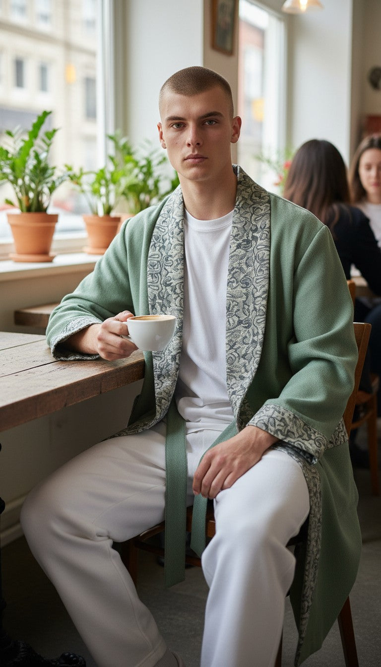 Men Woolen Nightgown Dressing Gown Sleep And Lounge Wear With Kashmiri Embroidery Free Size - Light Green