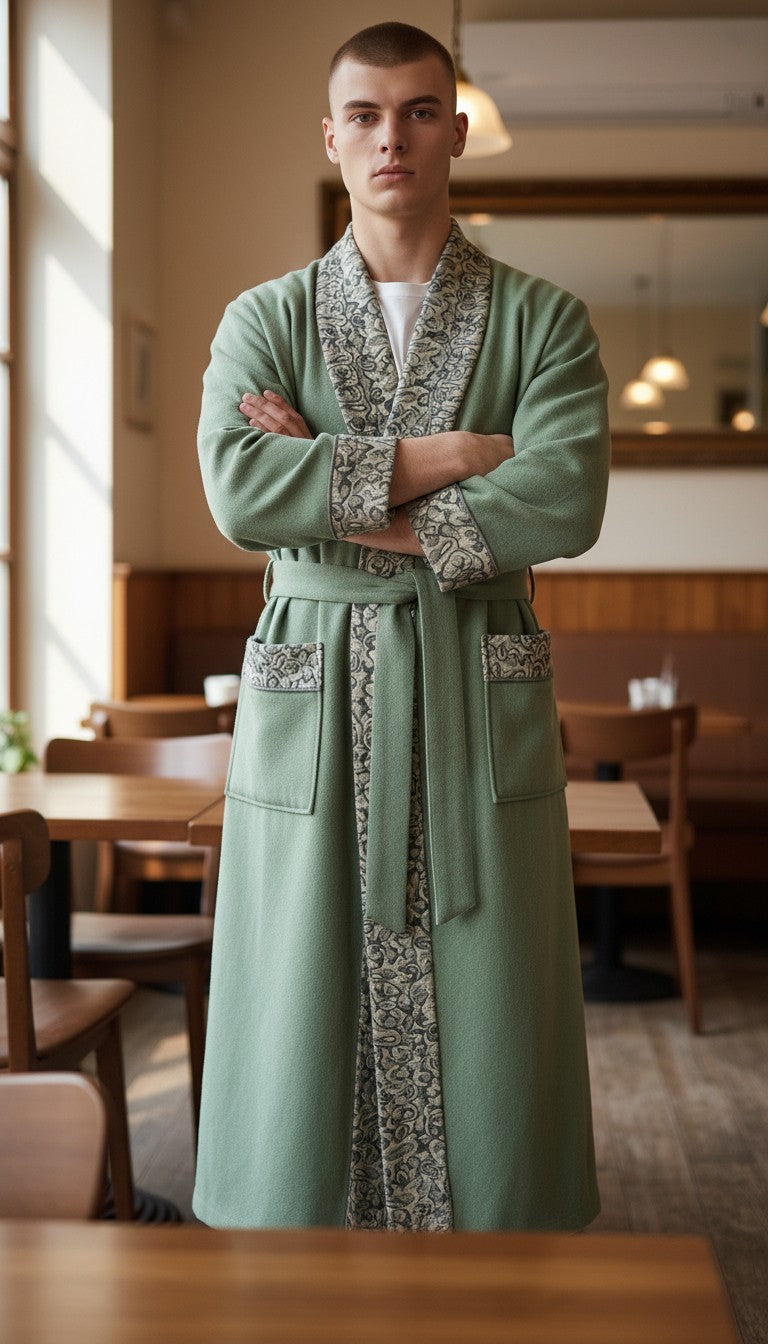 Men Woolen Nightgown Dressing Gown Sleep And Lounge Wear With Kashmiri Embroidery Free Size - Light Green