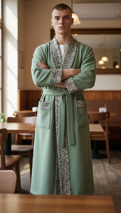 Men Woolen Nightgown Dressing Gown Sleep And Lounge Wear With Kashmiri Embroidery Free Size - Light Green