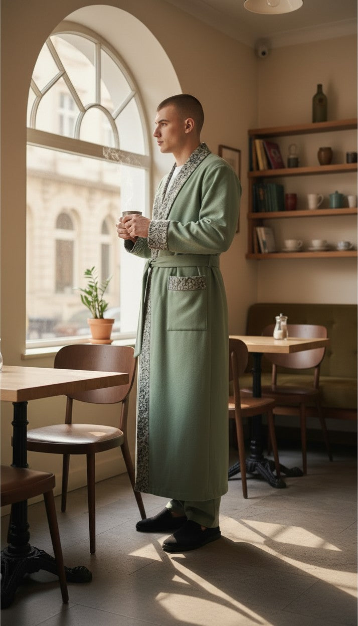 Men Woolen Nightgown Dressing Gown Sleep And Lounge Wear With Kashmiri Embroidery Free Size - Light Green