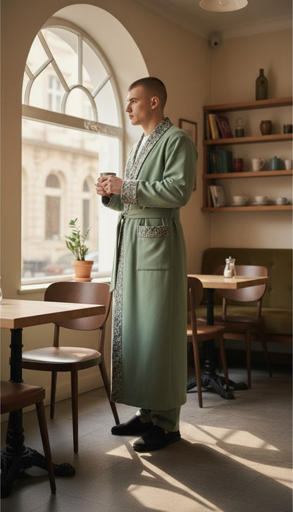 Men Woolen Nightgown Dressing Gown Sleep And Lounge Wear With Kashmiri Embroidery Free Size - Light Green