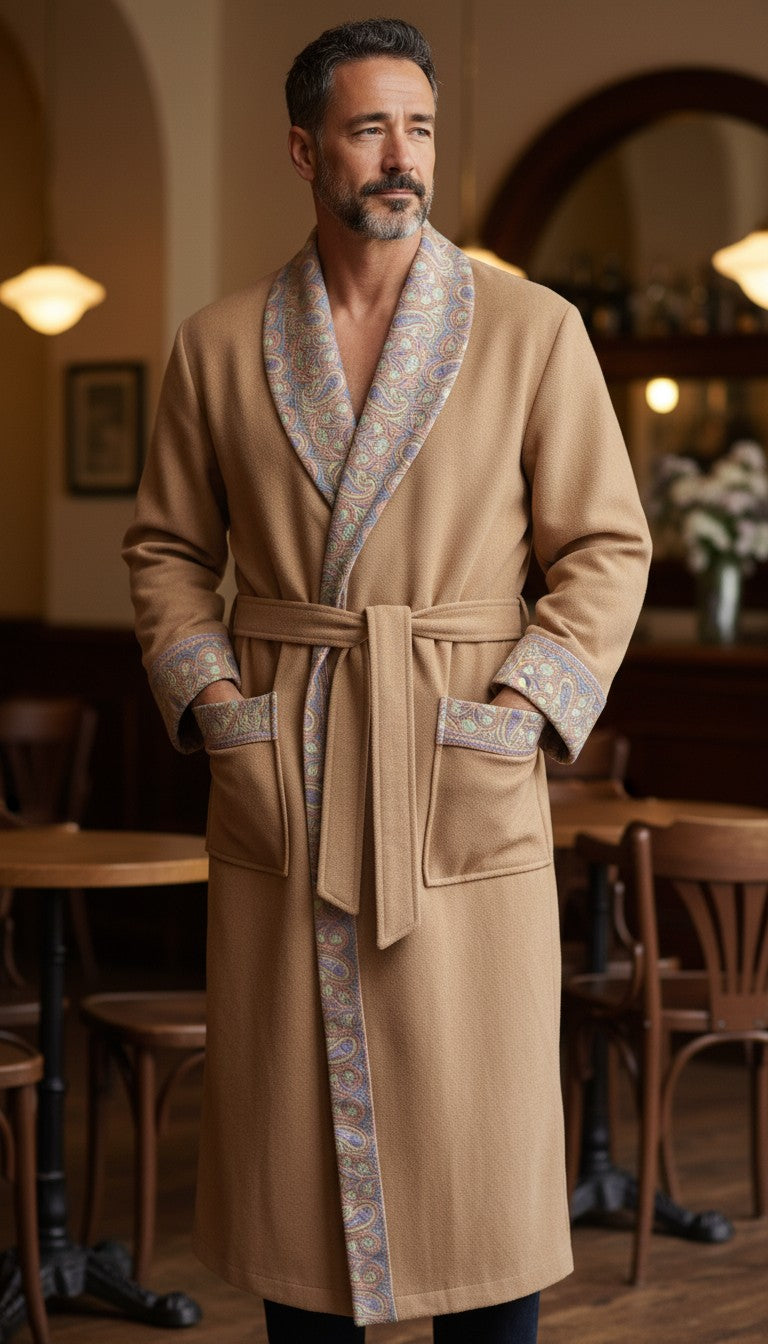 Men Woolen Nightgown Dressing Gown Sleep And Lounge Wear With Kashmiri Embroidery Free Size - Pink