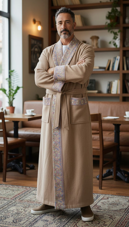 Men Woolen Nightgown Dressing Gown Sleep And Lounge Wear With Kashmiri Embroidery Free Size - Pink