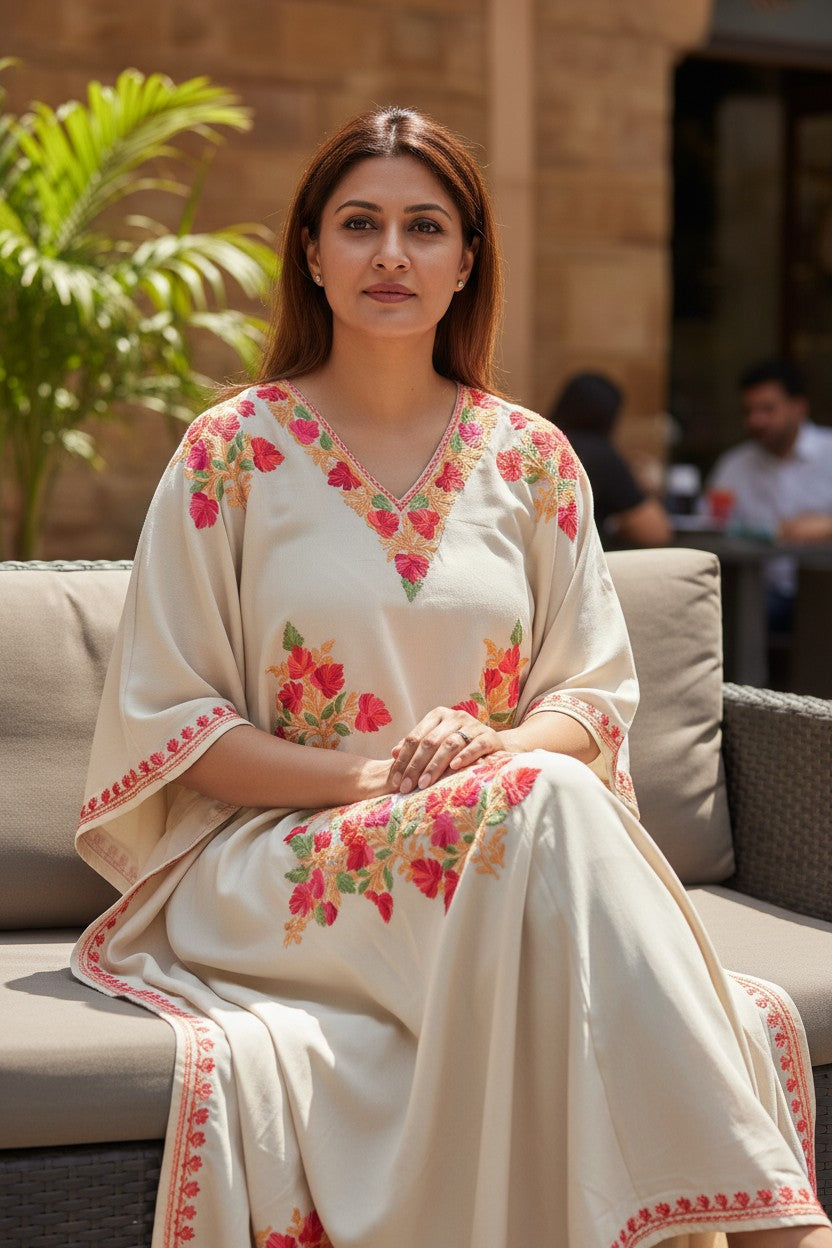 Kashmiri Kaftan For Women Nightgown Crepe Kaftan with Aari Embroidery Free Size- Beige