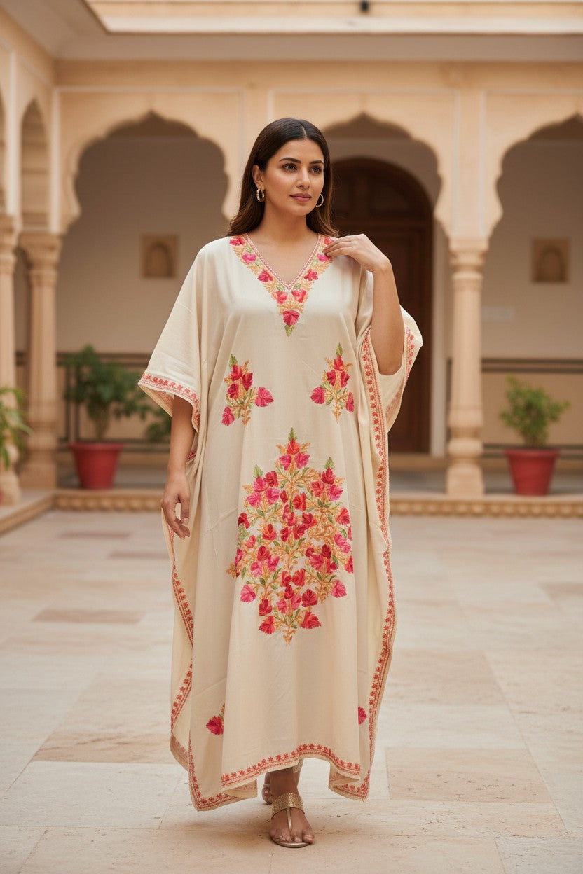 Kashmiri Kaftan For Women Nightgown Crepe Kaftan with Aari Embroidery Free Size- Beige