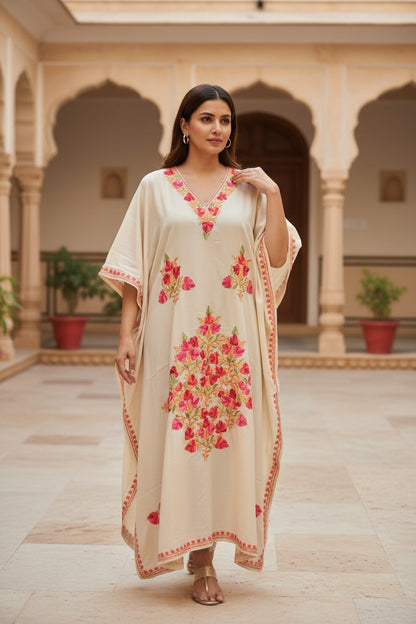 Kashmiri Kaftan For Women Nightgown Crepe Kaftan with Aari Embroidery Free Size- Beige
