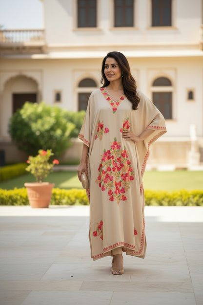 Kashmiri Kaftan For Women Nightgown Crepe Kaftan with Aari Embroidery Free Size- Beige