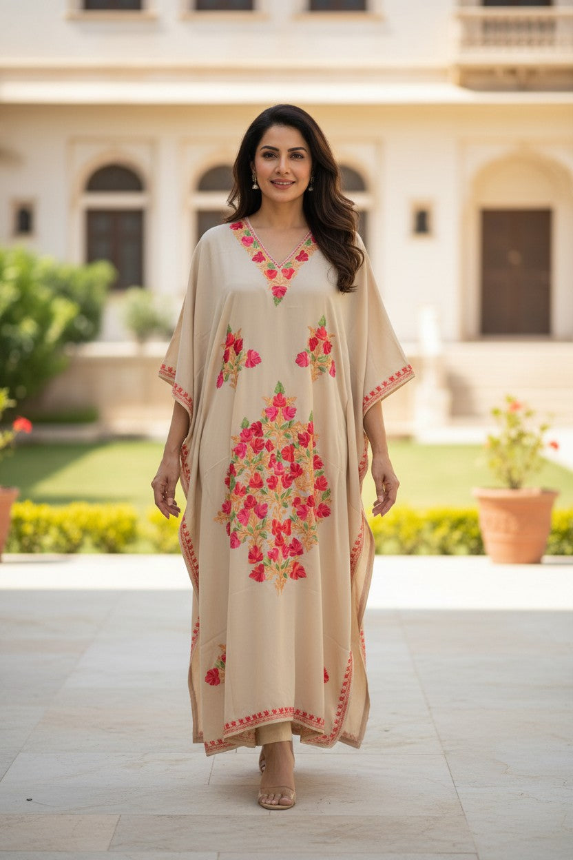 Kashmiri Kaftan For Women Nightgown Crepe Kaftan with Aari Embroidery Free Size- Beige