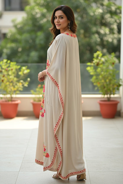 Kashmiri Kaftan For Women Nightgown Crepe Kaftan with Aari Embroidery Free Size- Beige