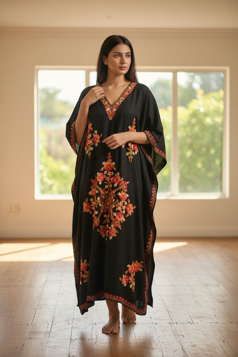 Kashmiri Kaftan For Women Nightgown Maxi Crepe Kaftan with Aari Embroidery Free Size- Blue