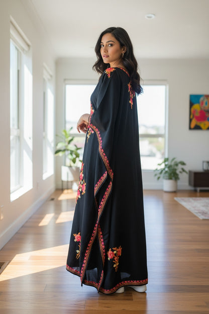 Kashmiri Kaftan For Women Nightgown Maxi Crepe Kaftan with Aari Embroidery Free Size- Blue