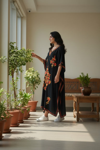 Kashmiri Kaftan For Women Nightgown Maxi Crepe Kaftan with Aari Embroidery Free Size- Blue