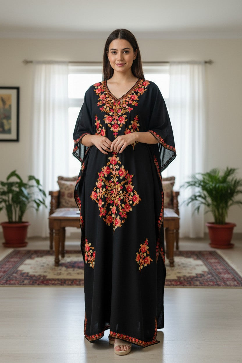 Kashmiri Kaftan For Women Nightgown Maxi Crepe Kaftan with Aari Embroidery Free Size- Blue
