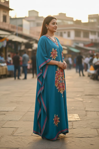 Kashmiri Kaftan For Women Nightgown Maxi Crepe Kaftan with Aari Embroidery Free Size- Blue