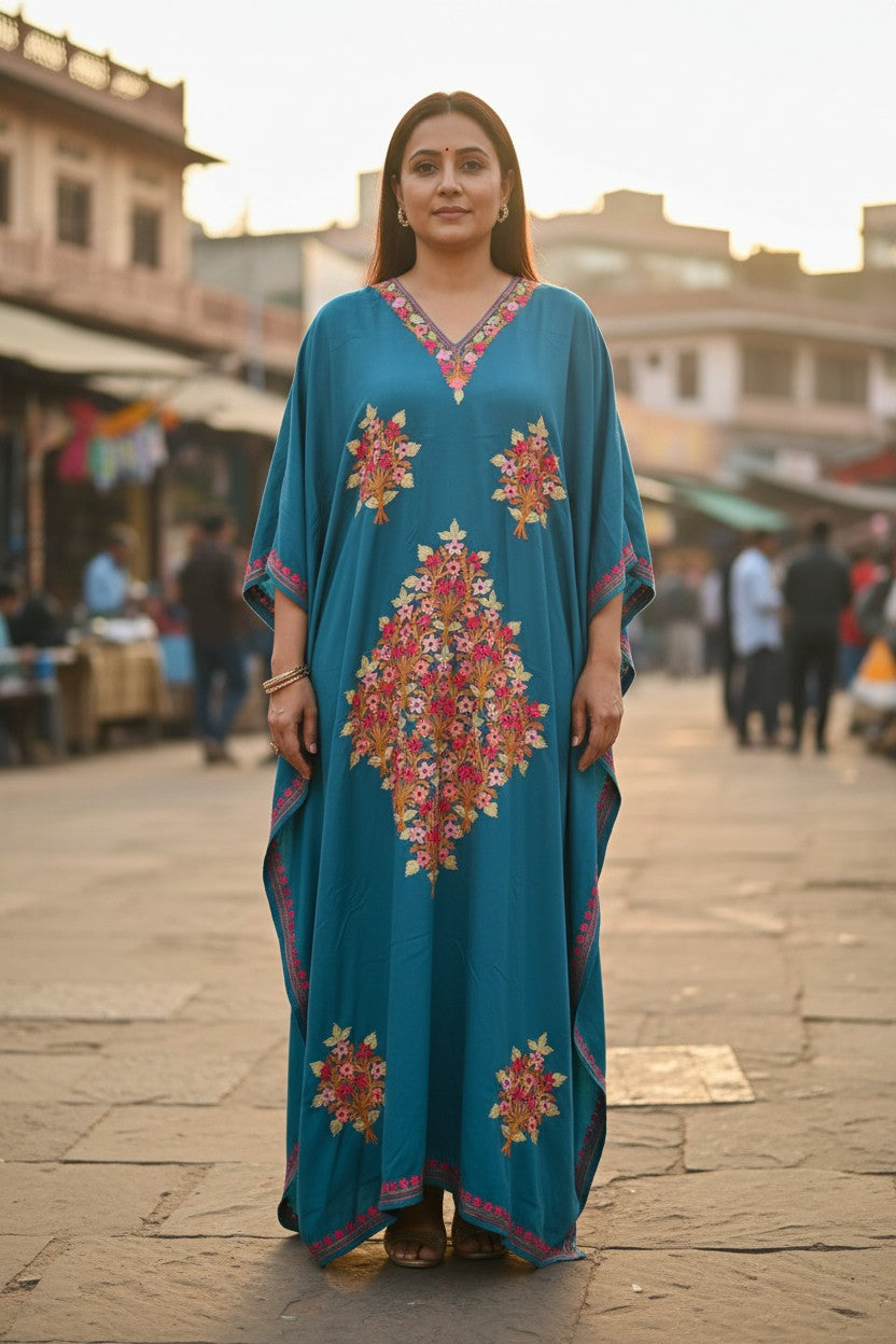 Kashmiri Kaftan For Women Nightgown Maxi Crepe Kaftan with Aari Embroidery Free Size- Blue