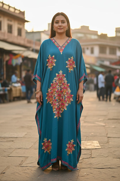 Kashmiri Kaftan For Women Nightgown Maxi Crepe Kaftan with Aari Embroidery Free Size- Blue