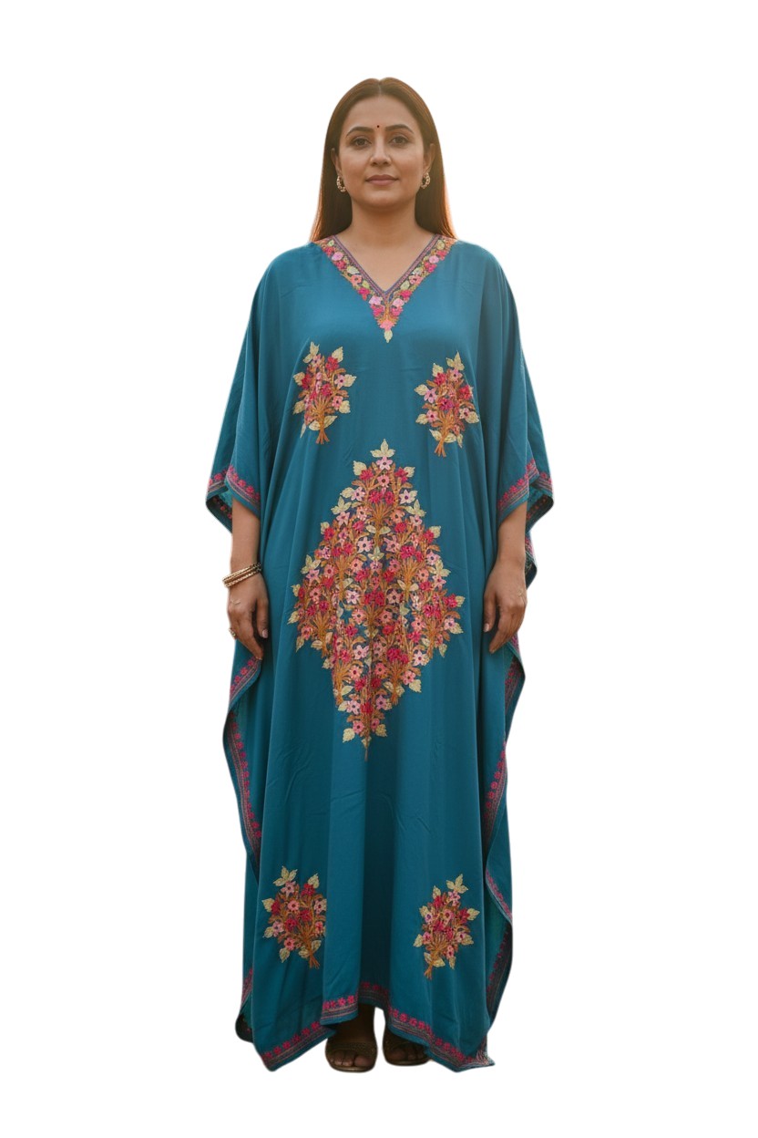 Kashmiri Kaftan For Women Nightgown Maxi Crepe Kaftan with Aari Embroidery Free Size- Blue
