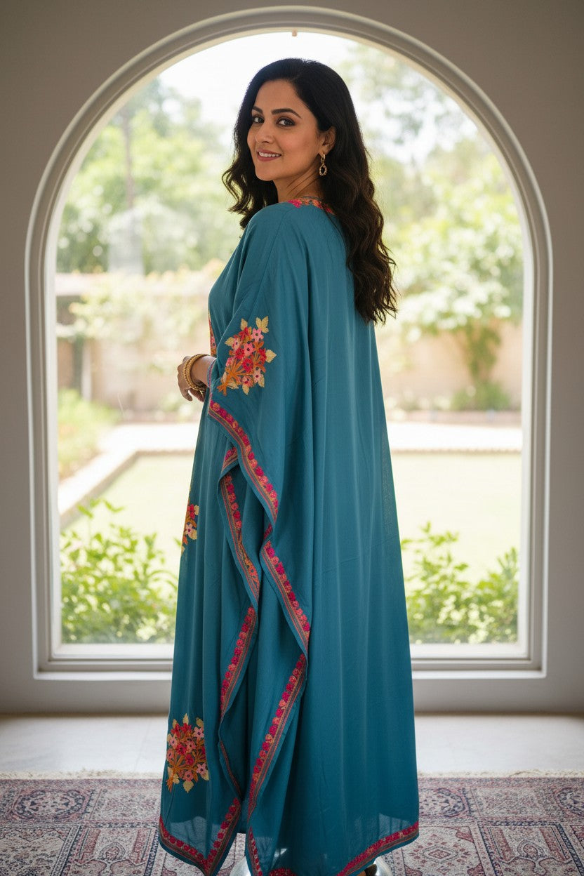Kashmiri Kaftan For Women Nightgown Maxi Crepe Kaftan with Aari Embroidery Free Size- Blue