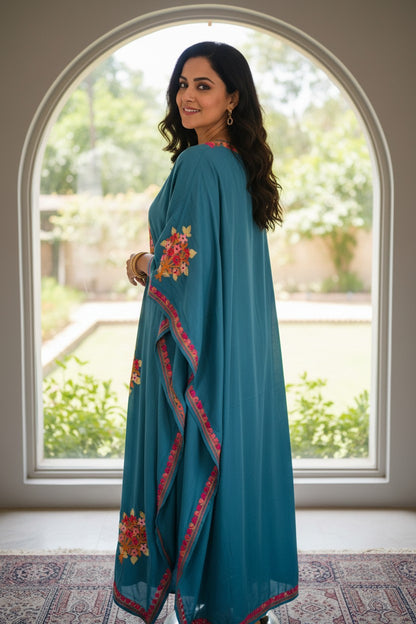 Kashmiri Kaftan For Women Nightgown Maxi Crepe Kaftan with Aari Embroidery Free Size- Blue