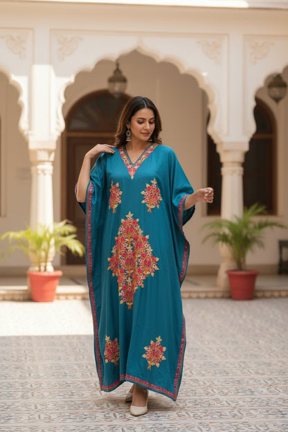 Kashmiri Kaftan For Women Nightgown Maxi Crepe Kaftan with Aari Embroidery Free Size- Blue