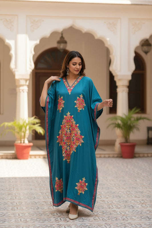 Kashmiri Kaftan For Women Nightgown Maxi Crepe Kaftan with Aari Embroidery Free Size- Blue