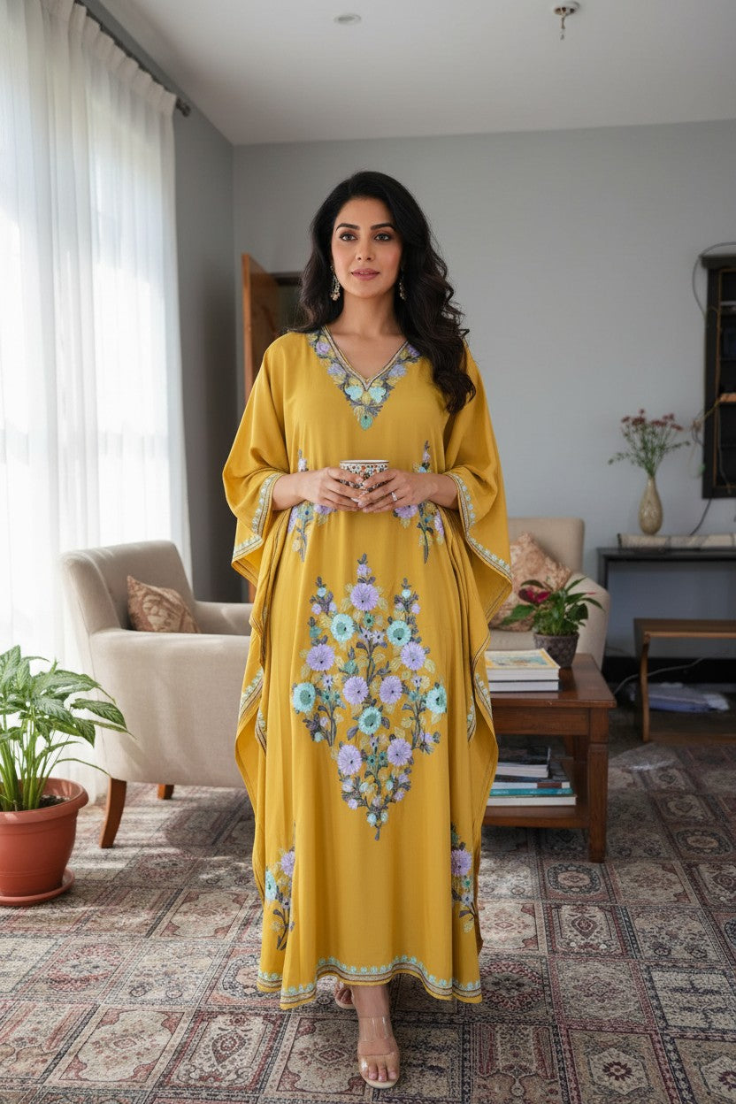 Kashmiri Kaftan For Women Nightgown Maxi Crepe Kaftan with Aari Embroidery Free Size- Mustard