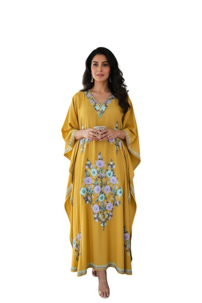 Kashmiri Kaftan For Women Nightgown Maxi Crepe Kaftan with Aari Embroidery Free Size- Mustard