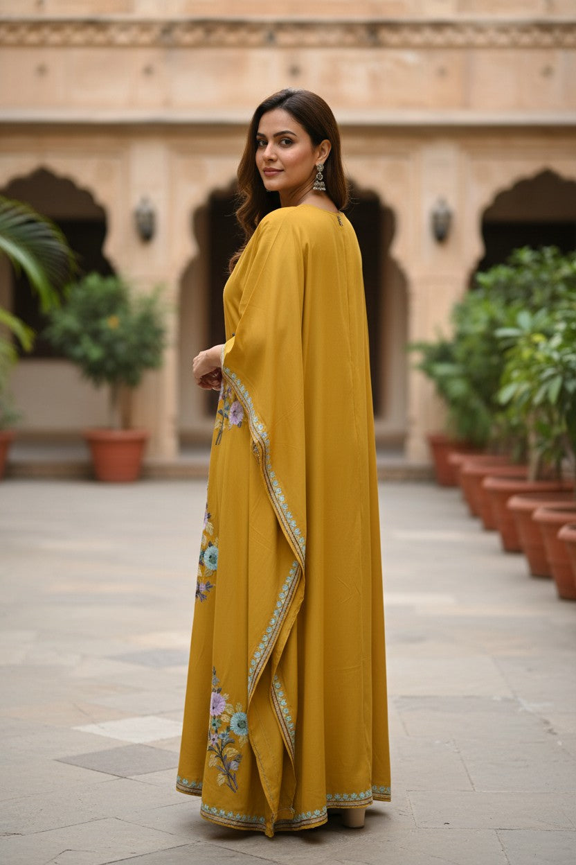 Kashmiri Kaftan For Women Nightgown Maxi Crepe Kaftan with Aari Embroidery Free Size- Mustard