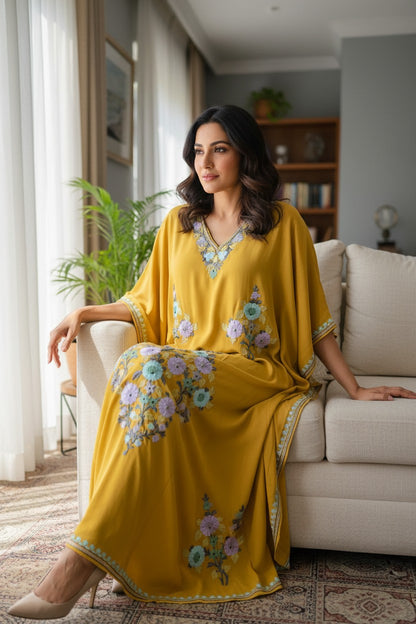 Kashmiri Kaftan For Women Nightgown Maxi Crepe Kaftan with Aari Embroidery Free Size- Mustard