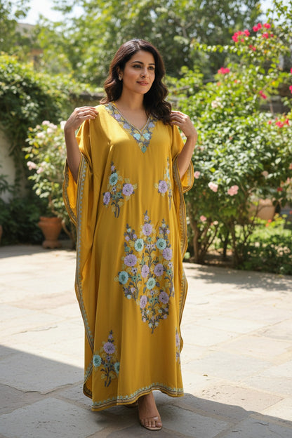 Kashmiri Kaftan For Women Nightgown Maxi Crepe Kaftan with Aari Embroidery Free Size- Mustard