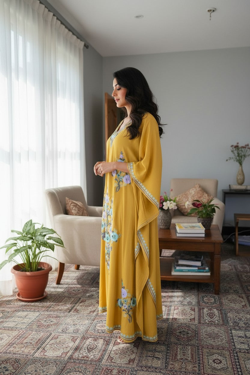 Kashmiri Kaftan For Women Nightgown Maxi Crepe Kaftan with Aari Embroidery Free Size- Mustard