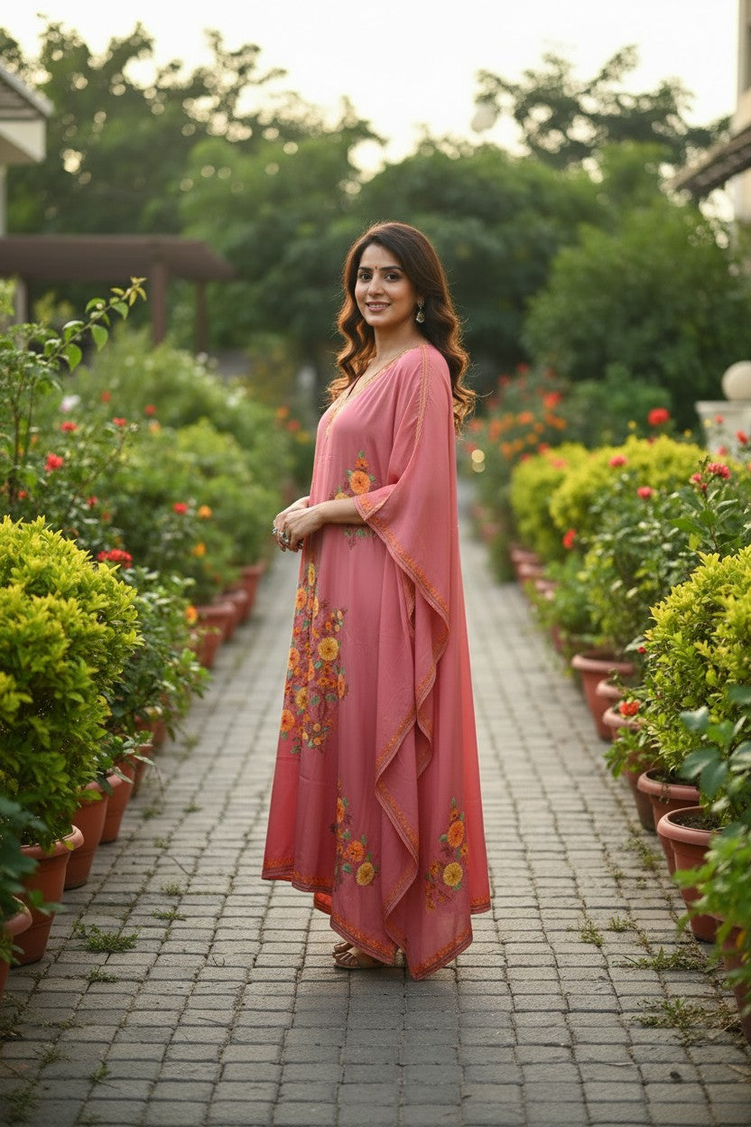 Kashmiri Kaftan For Women Nightgown Maxi Crepe Kaftan with Aari Embroidery Free Size- Pink