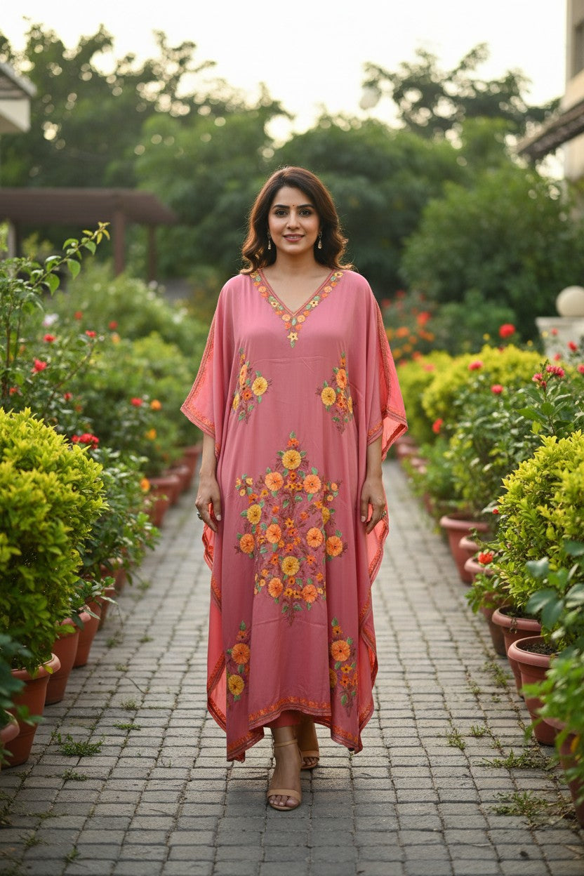 Kashmiri Kaftan For Women Nightgown Maxi Crepe Kaftan with Aari Embroidery Free Size- Pink