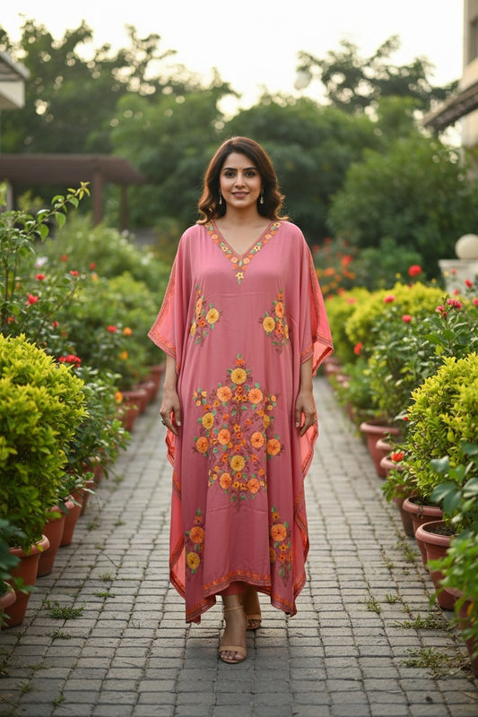 Kashmiri Kaftan For Women Nightgown Maxi Crepe Kaftan with Aari Embroidery Free Size- Pink