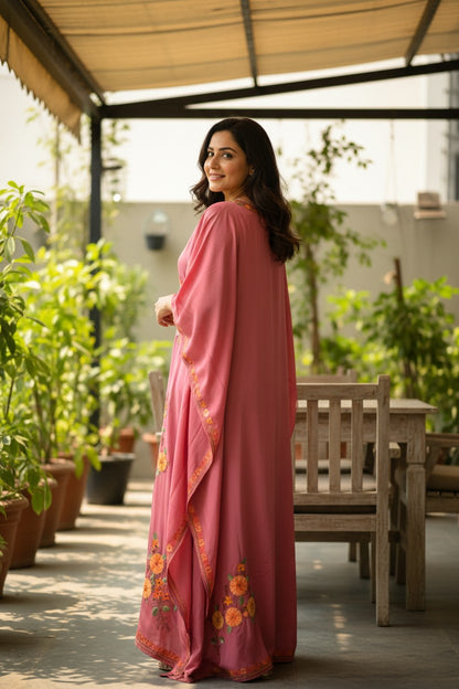 Kashmiri Kaftan For Women Nightgown Maxi Crepe Kaftan with Aari Embroidery Free Size- Pink