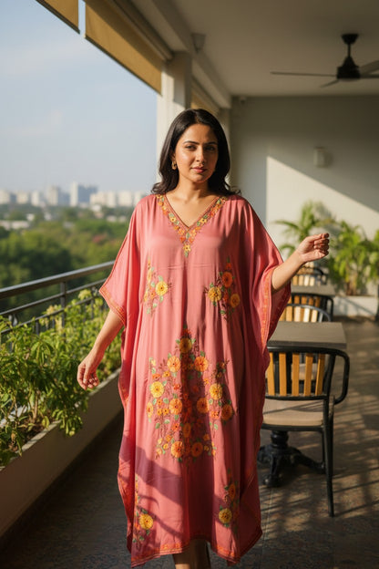 Kashmiri Kaftan For Women Nightgown Maxi Crepe Kaftan with Aari Embroidery Free Size- Pink