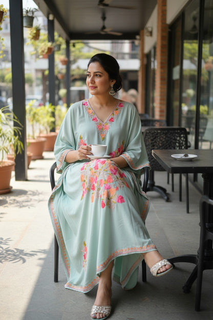 Kashmiri Kaftan For Women Nightgown Maxi Crepe Kaftan with Aari Embroidery Free Size- Sky Blu