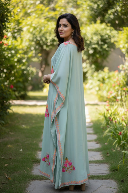 Kashmiri Kaftan For Women Nightgown Maxi Crepe Kaftan with Aari Embroidery Free Size- Sky Blu