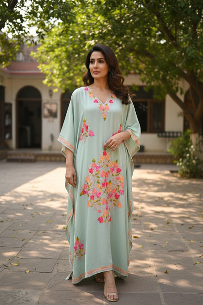 Kashmiri Kaftan For Women Nightgown Maxi Crepe Kaftan with Aari Embroidery Free Size- Sky Blu