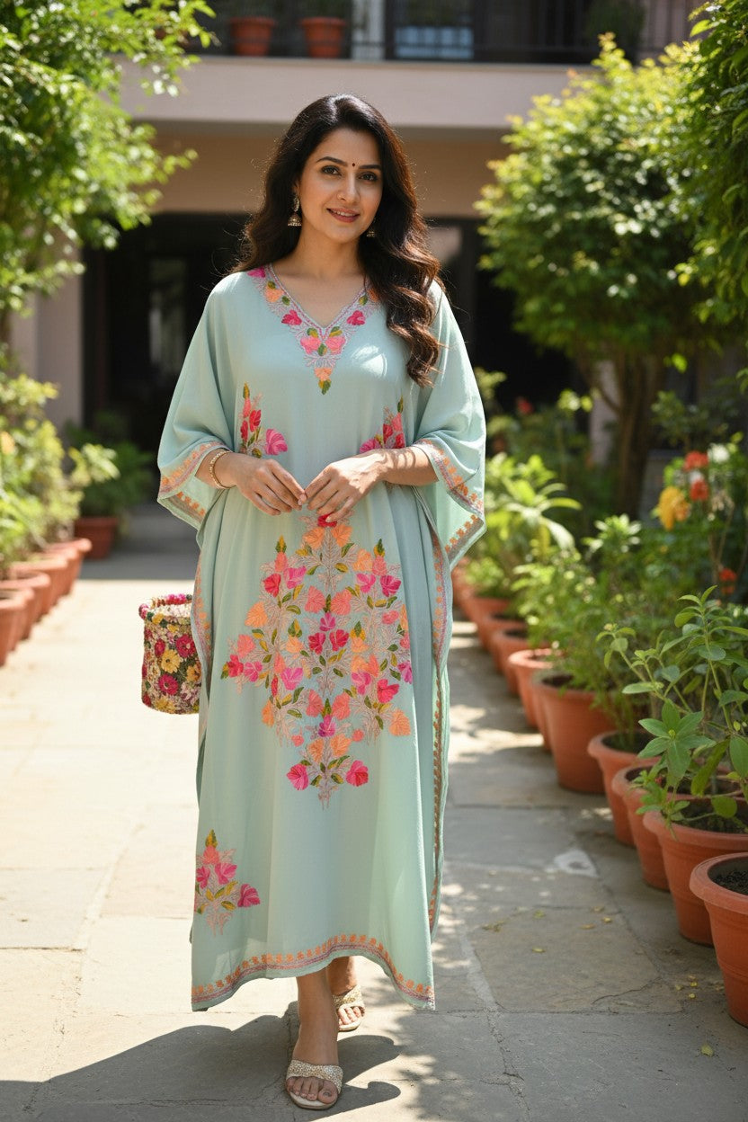 Kashmiri Kaftan For Women Nightgown Maxi Crepe Kaftan with Aari Embroidery Free Size- Sky Blu