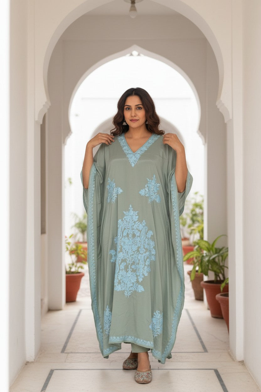 Kashmiri Kaftan For Women Nightgown Maxi Crepe Kaftan with Aari Embroidery Free Size- Sea Green