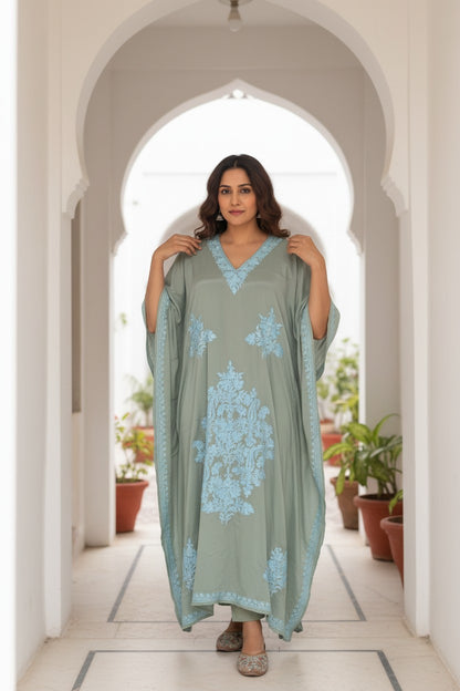 Kashmiri Kaftan For Women Nightgown Maxi Crepe Kaftan with Aari Embroidery Free Size- Sea Green