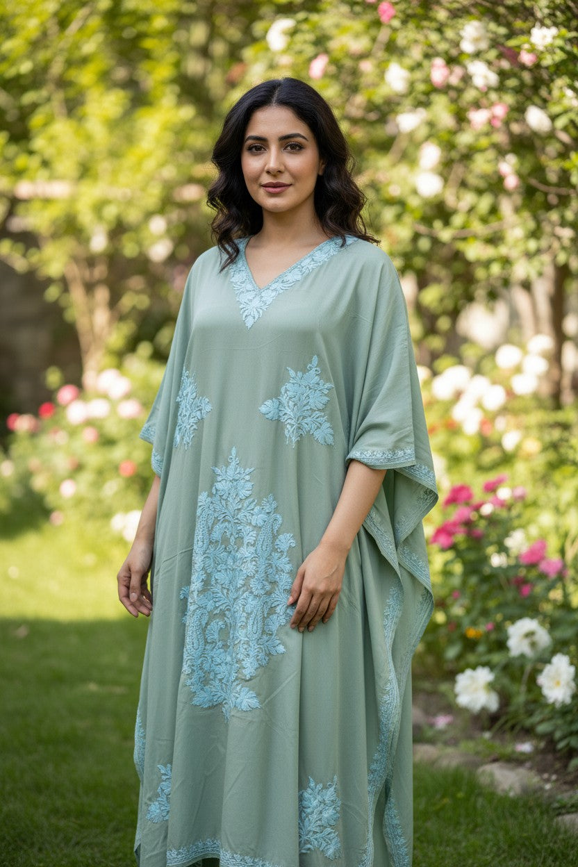 Kashmiri Kaftan For Women Nightgown Maxi Crepe Kaftan with Aari Embroidery Free Size- Sea Green