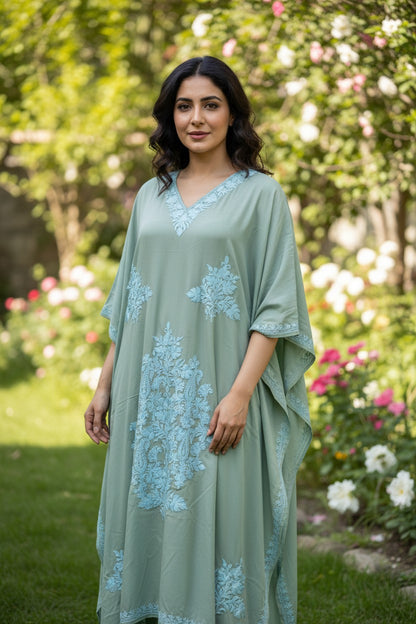 Kashmiri Kaftan For Women Nightgown Maxi Crepe Kaftan with Aari Embroidery Free Size- Sea Green