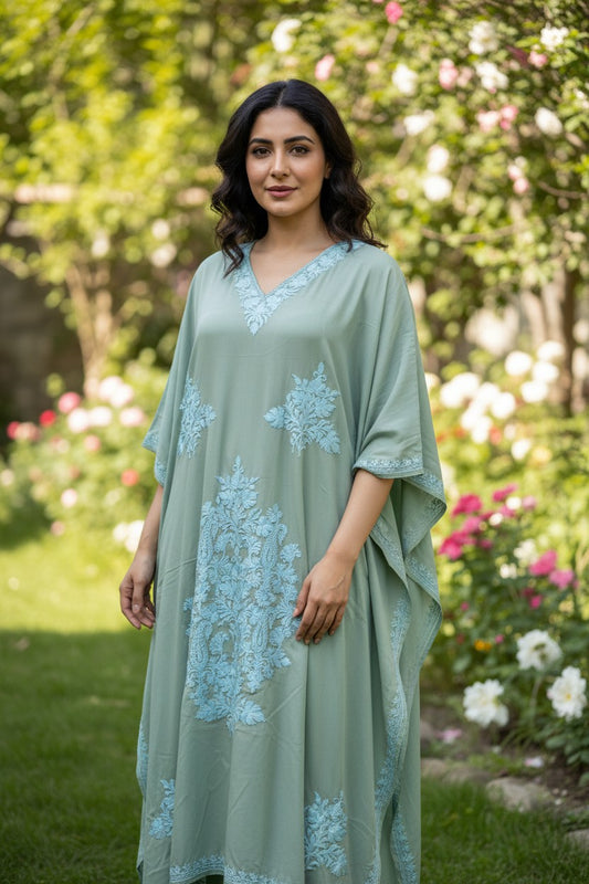 Kashmiri Kaftan For Women Nightgown Maxi Crepe Kaftan with Aari Embroidery Free Size- Sea Green