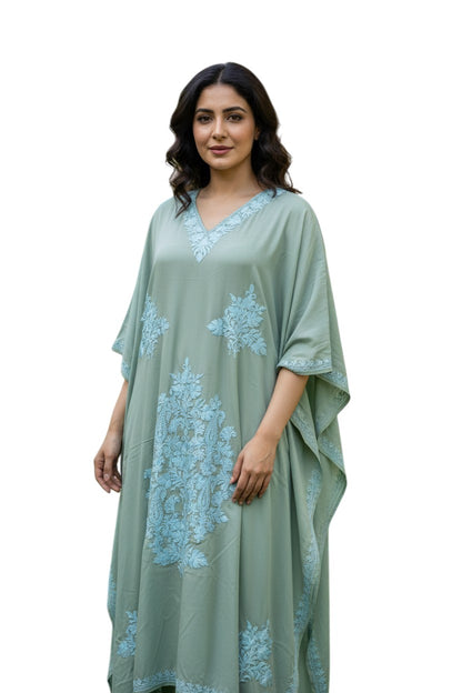 Kashmiri Kaftan For Women Nightgown Maxi Crepe Kaftan with Aari Embroidery Free Size- Sea Green