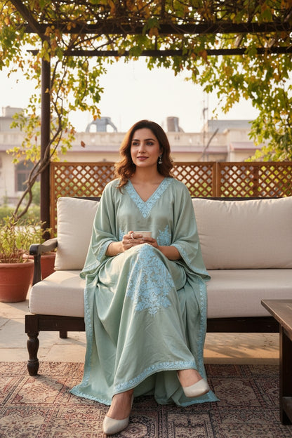 Kashmiri Kaftan For Women Nightgown Maxi Crepe Kaftan with Aari Embroidery Free Size- Sea Green